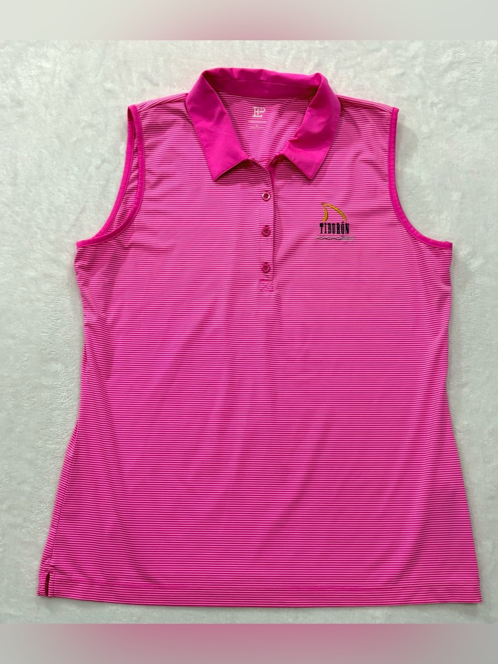 EP New York Tiburon Naples Pink Striped Sleeveless Golf Polo Shirt Womens Size L